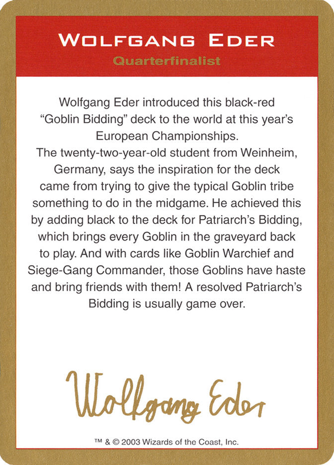 Wolfgang Eder Bio [World Championship Decks 2003] | Anubis Games and Hobby