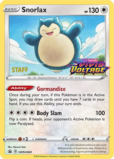 Snorlax (SWSH068) (Staff Prerelease Promo) [Sword & Shield: Black Star Promos] | Anubis Games and Hobby