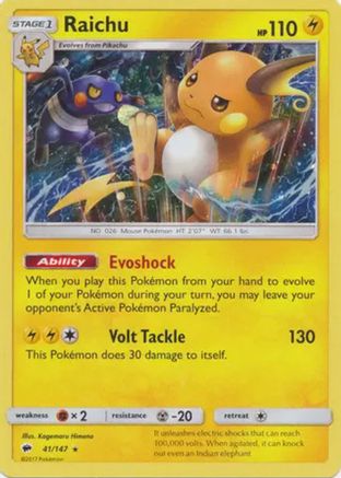 Raichu (41/147) (Cosmos Holo) [Sun & Moon: Burning Shadows] | Anubis Games and Hobby
