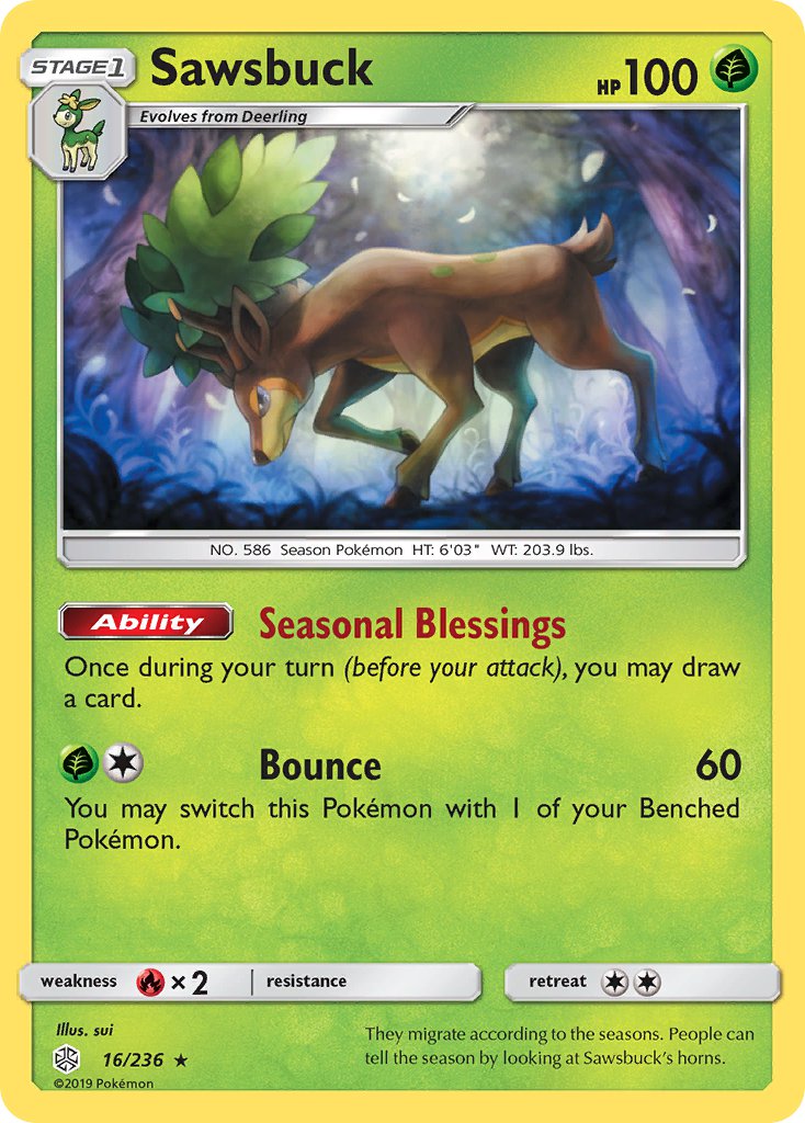 Sawsbuck (16/236) (Prerelease Kit Exclusive) (Theme Deck Exclusive) [Sun & Moon: Cosmic Eclipse] | Anubis Games and Hobby