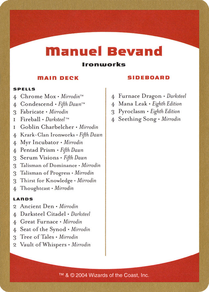 Manuel Bevand Decklist [World Championship Decks 2004] | Anubis Games and Hobby