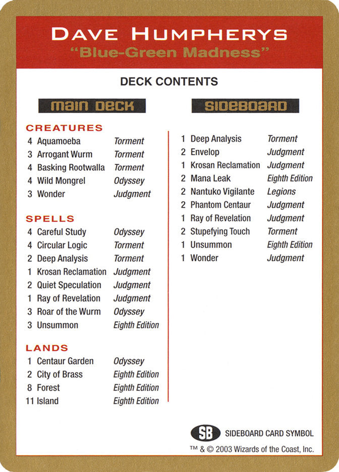 Dave Humpherys Decklist [World Championship Decks 2003] | Anubis Games and Hobby