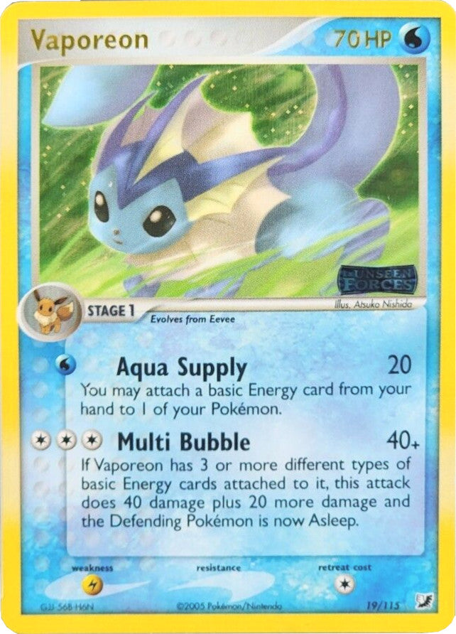 Vaporeon (19/115) (Stamped) [EX: Unseen Forces] | Anubis Games and Hobby