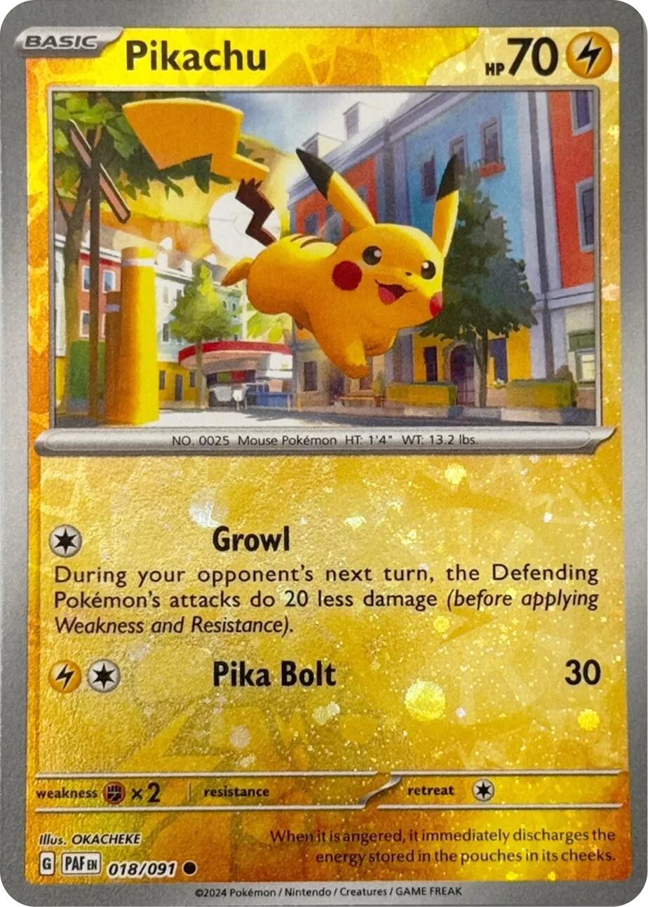 Pikachu (018/091) (Reverse Cosmos Holo) [Scarlet & Violet: Paldean Fates] | Anubis Games and Hobby