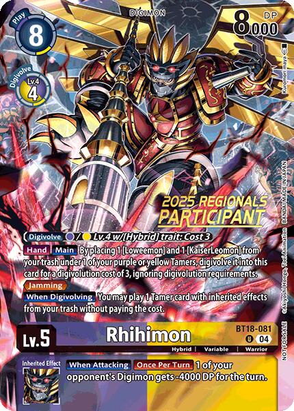 Rhihimon [BT18-081] (2025 Regionals Participant) [Release Special Booster Ver.2.0 Promos] | Anubis Games and Hobby