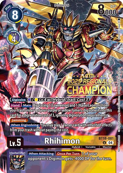 Rhihimon [BT18-081] (2025 Regionals Champion) [Release Special Booster Ver.2.0 Promos] | Anubis Games and Hobby