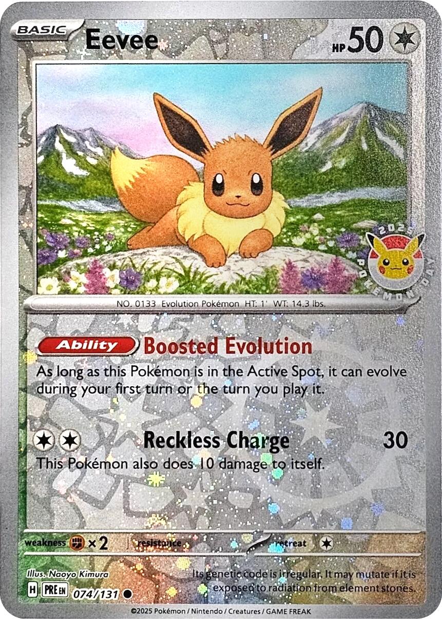 Eevee (074/131) (Pokemon Day 2025) (Reverse Cosmos Holo) [Scarlet & Violet: Prismatic Evolutions] | Anubis Games and Hobby