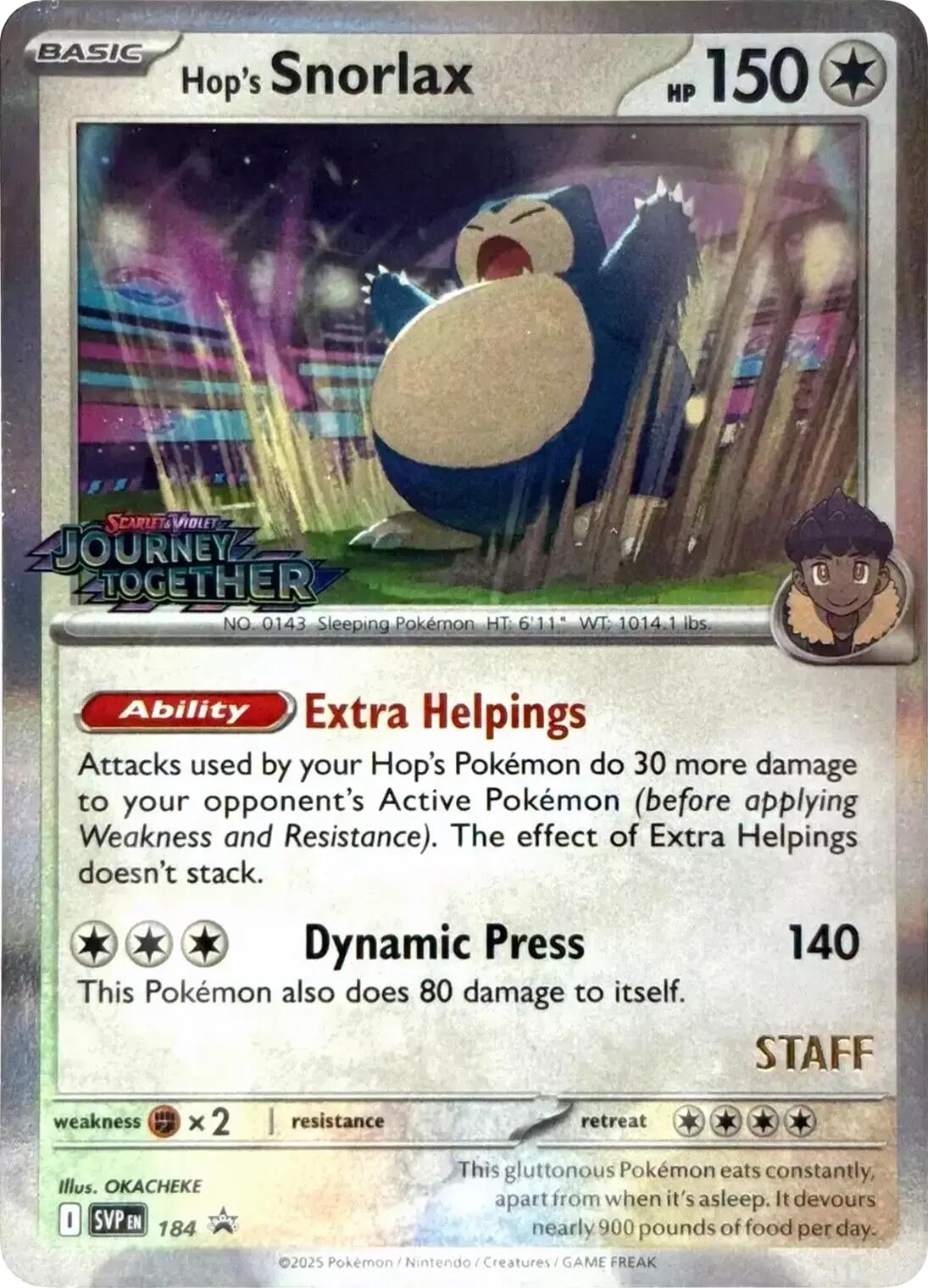 Hop's Snorlax (184) (Prerelease Staff) [Scarlet & Violet: Black Star Promos] | Anubis Games and Hobby