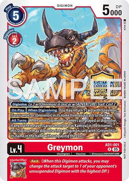 Greymon [AD1-001] - AD1-001 (World Championship 26–27 Regionals Season 1) [Advanced Booster Digimon Generation] | Anubis Games and Hobby