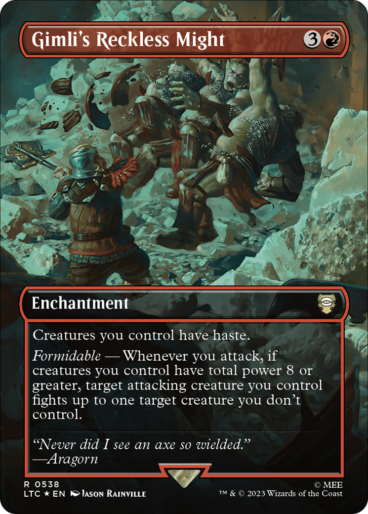 Gimli's Reckless Might (Borderless) (Surge Foil) [The Lord of the Rings: Tales of Middle-Earth Commander] | Anubis Games and Hobby
