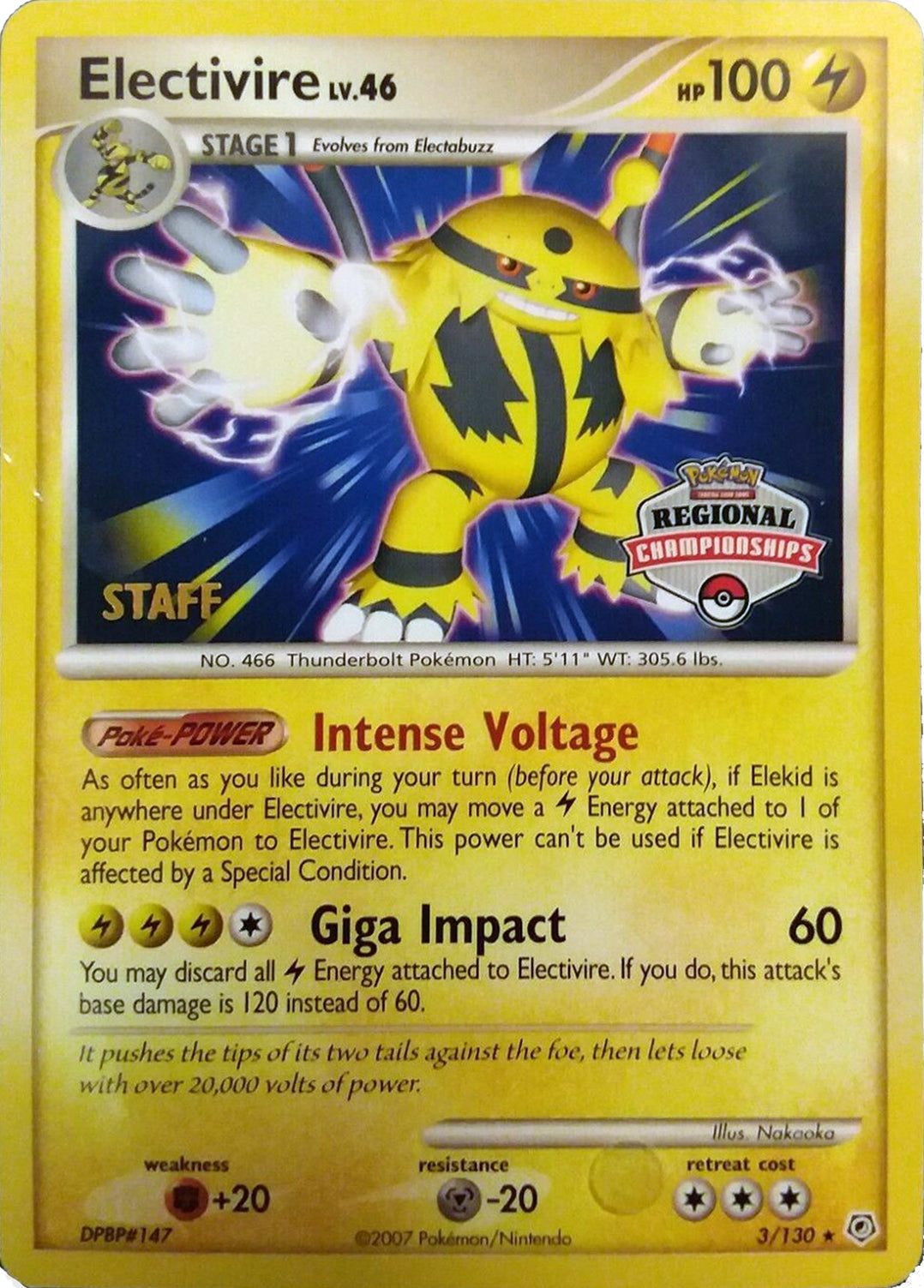 Electivire (003/130) (2008 Staff Regional Championships) [League & Championship Cards] | Anubis Games and Hobby