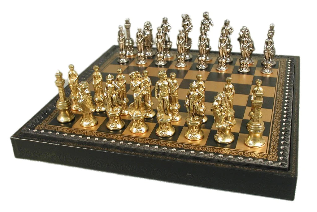 Chess Set - Florence Metal Men on Faux Leather Chest | Anubis Games and Hobby