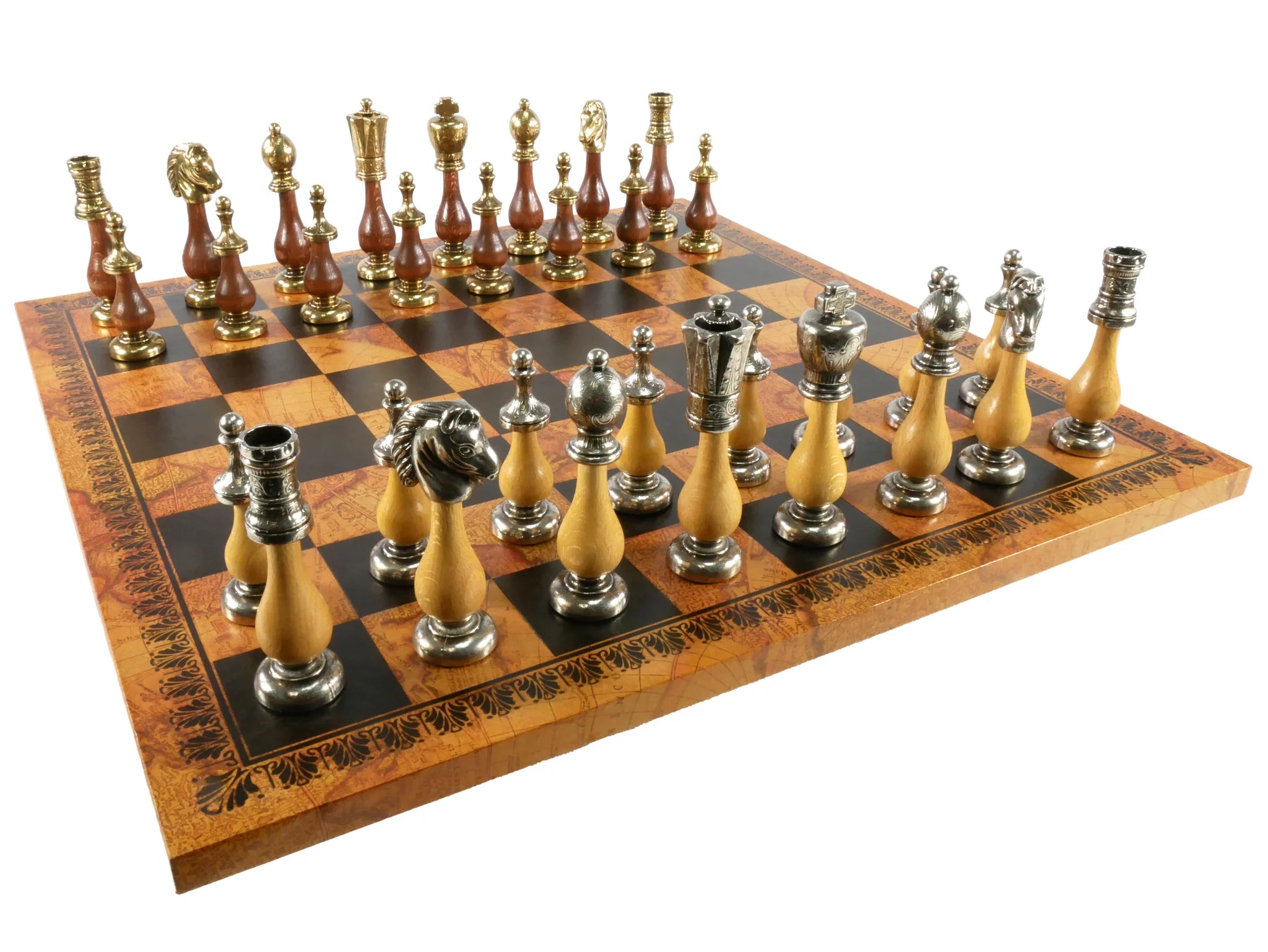 Chess Set - Big Staunton Metal and Maple & Golden Rosewood Chessmen on Faux Leather - Old Map Design | Anubis Games and Hobby