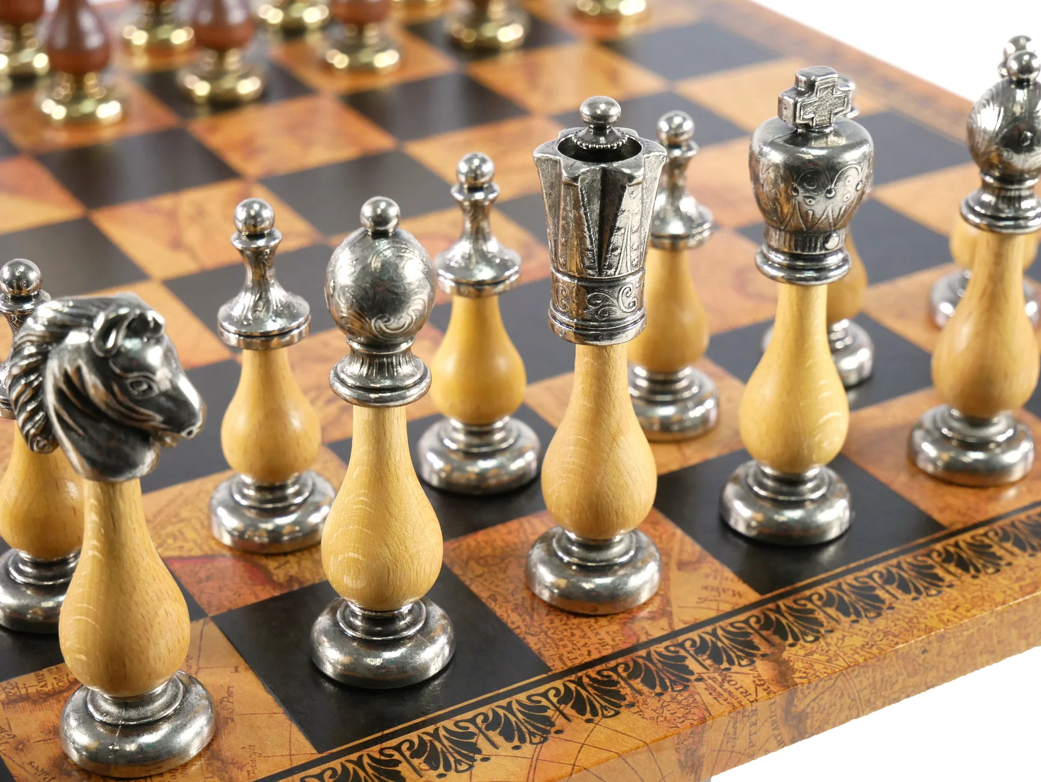 Chess Set - Big Staunton Metal and Maple & Golden Rosewood Chessmen on Faux Leather - Old Map Design | Anubis Games and Hobby