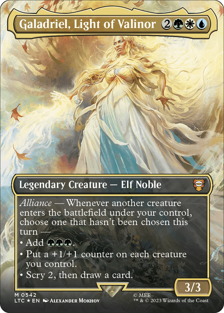 Galadriel, Light of Valinor (Borderless) (Surge Foil) [The Lord of the Rings: Tales of Middle-Earth Commander] | Anubis Games and Hobby