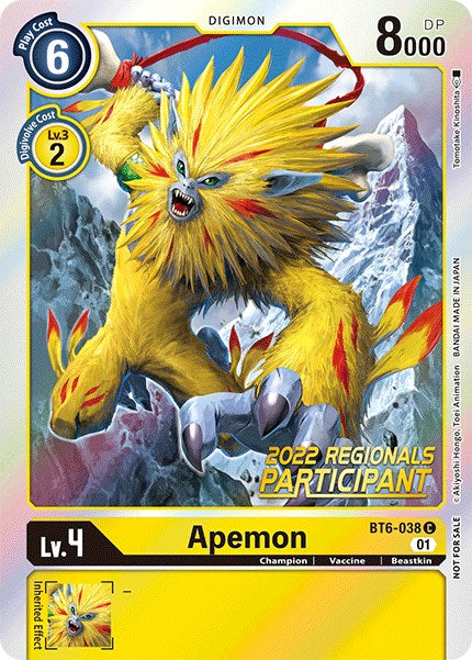 Apemon [BT6-038] (2022 Championship Online Regional) (Online Participant) [Double Diamond Promos] | Anubis Games and Hobby