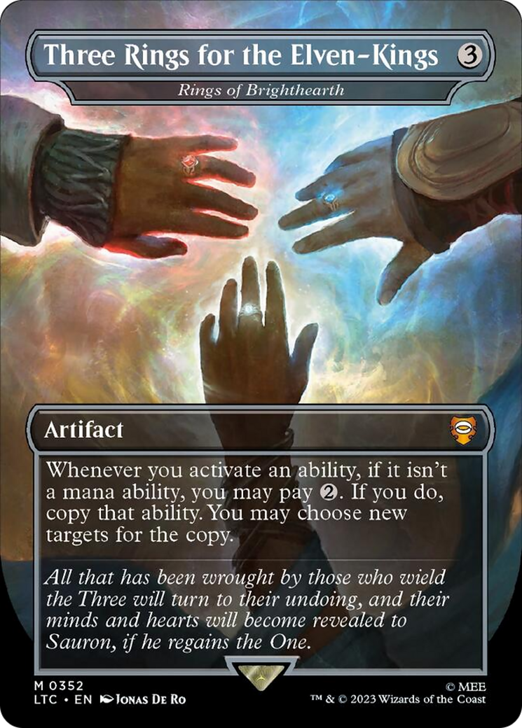 Three Rings for the Elven-Kings - Rings of Brighthearth (Borderless) (Surge Foil) [The Lord of the Rings: Tales of Middle-Earth Commander] | Anubis Games and Hobby