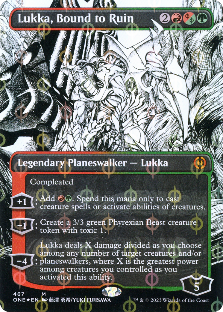 Lukka, Bound to Ruin (Borderless Manga Step-and-Compleat Foil) [Phyrexia: All Will Be One] | Anubis Games and Hobby