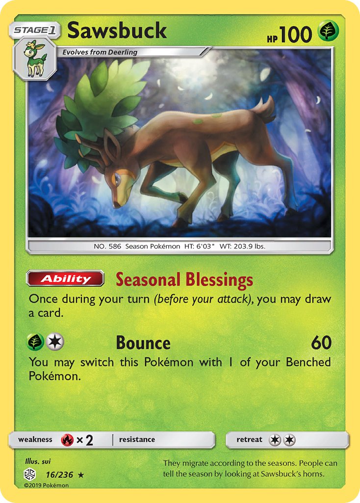 Sawsbuck (16/236) (Prerelease Kit Exclusive) (Theme Deck Exclusive) [Sun & Moon: Cosmic Eclipse] | Anubis Games and Hobby