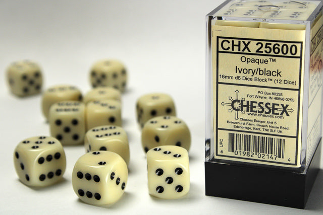 Opaque Ivory Black 16mm D6 | Anubis Games and Hobby