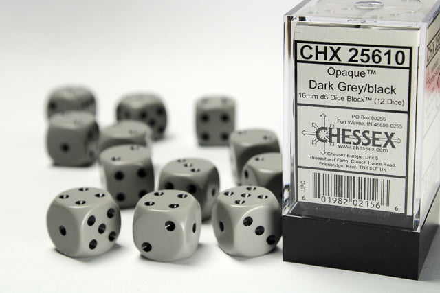 Opaque Dark Grey Black 16mm D6 | Anubis Games and Hobby