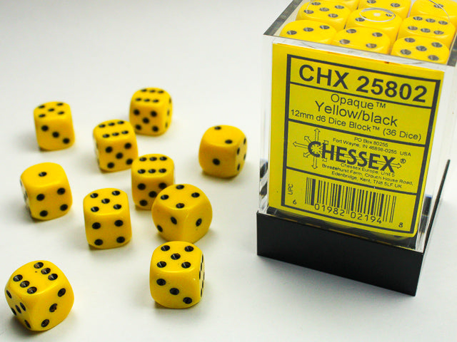 Opaque Yellow Black 12mm D6 | Anubis Games and Hobby