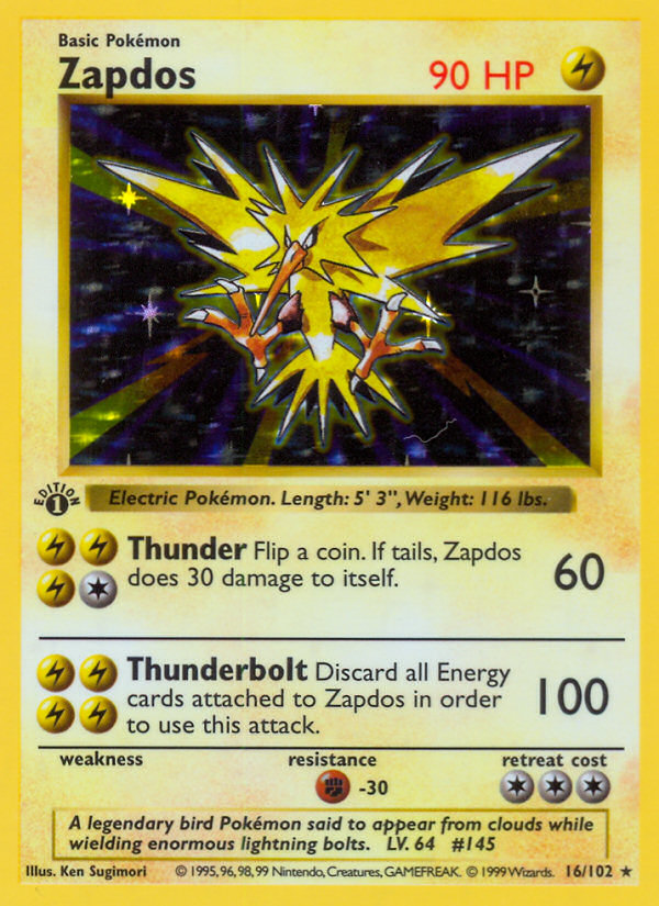 Zapdos (16/102) (Shadowless) [Base Set 1st Edition] | Anubis Games and Hobby