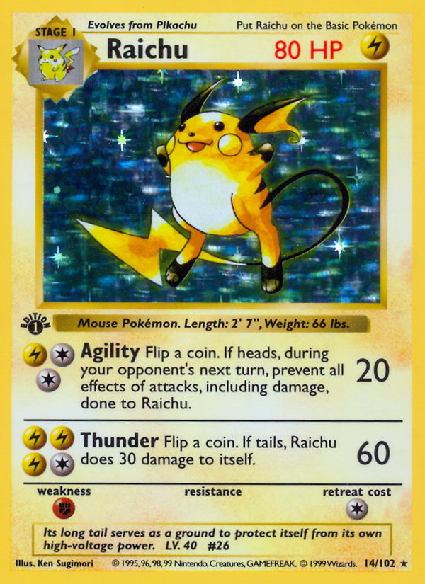 Raichu (14/102) (Shadowless) [Base Set 1st Edition] | Anubis Games and Hobby