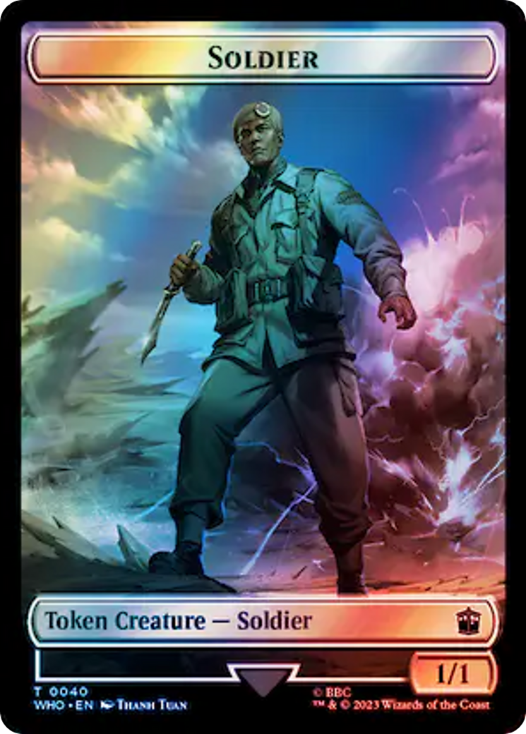 Soldier // Dinosaur Double-Sided Token (Surge Foil) [Doctor Who Tokens] | Anubis Games and Hobby