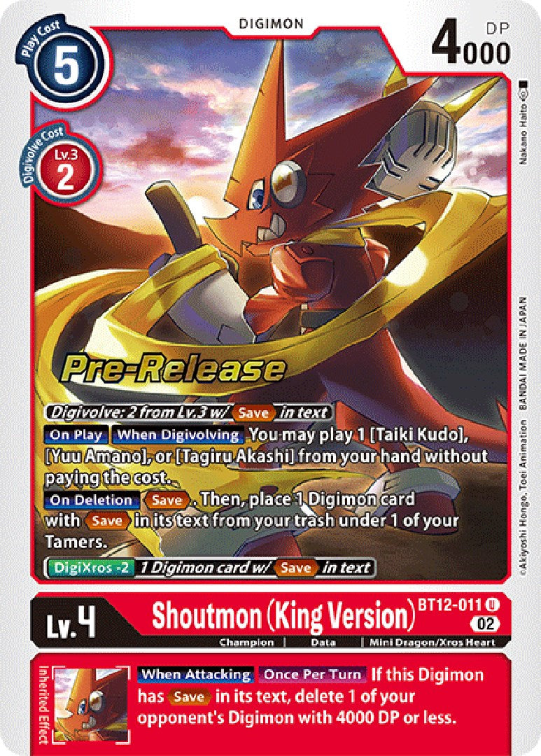 Shoutmon (King Version) [BT12-011] [Across Time Pre-Release Cards] | Anubis Games and Hobby