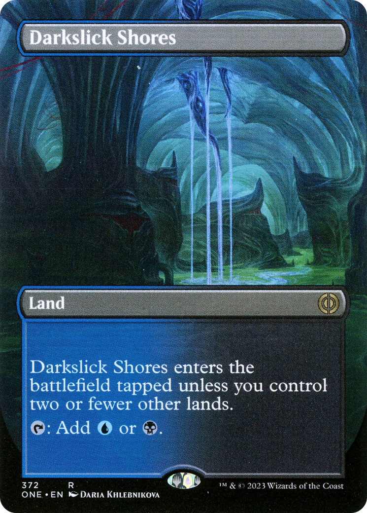 Darkslick Shores (Borderless Alternate Art) [Phyrexia: All Will Be One] | Anubis Games and Hobby