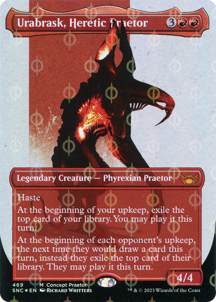 Urabrask, Heretic Praetor (Borderless Concept Praetors Step-and-Compleat Foil) [Phyrexia: All Will Be One] | Anubis Games and Hobby