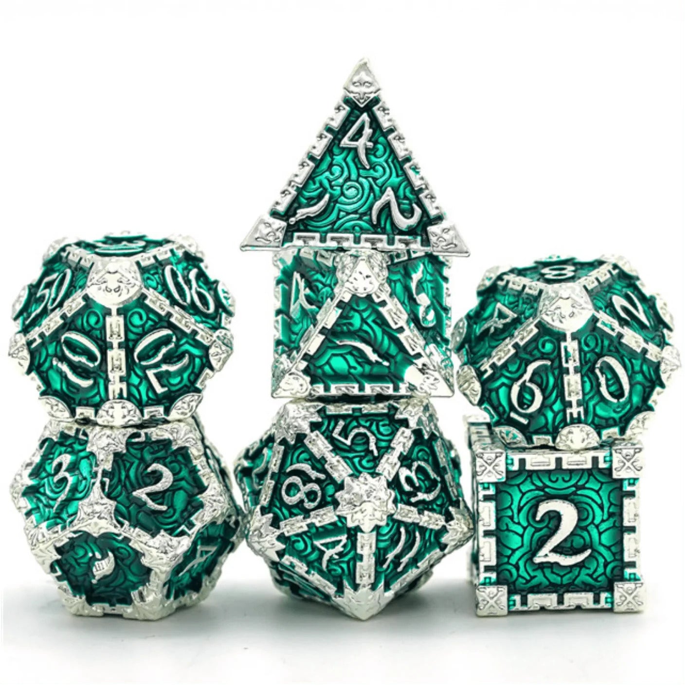 Dagger of Venom Silver & Emerald RPG Metal Dice | Anubis Games and Hobby