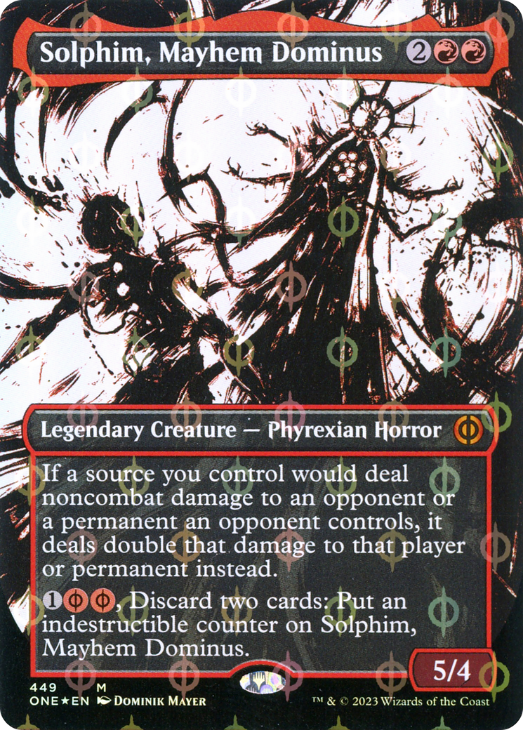 Solphim, Mayhem Dominus (Borderless Ichor Step-and-Compleat Foil) [Phyrexia: All Will Be One] | Anubis Games and Hobby