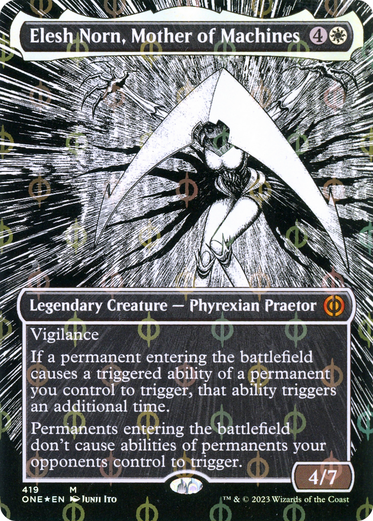 Elesh Norn, Mother of Machines (Borderless Manga Step-and-Compleat Foil) [Phyrexia: All Will Be One] | Anubis Games and Hobby