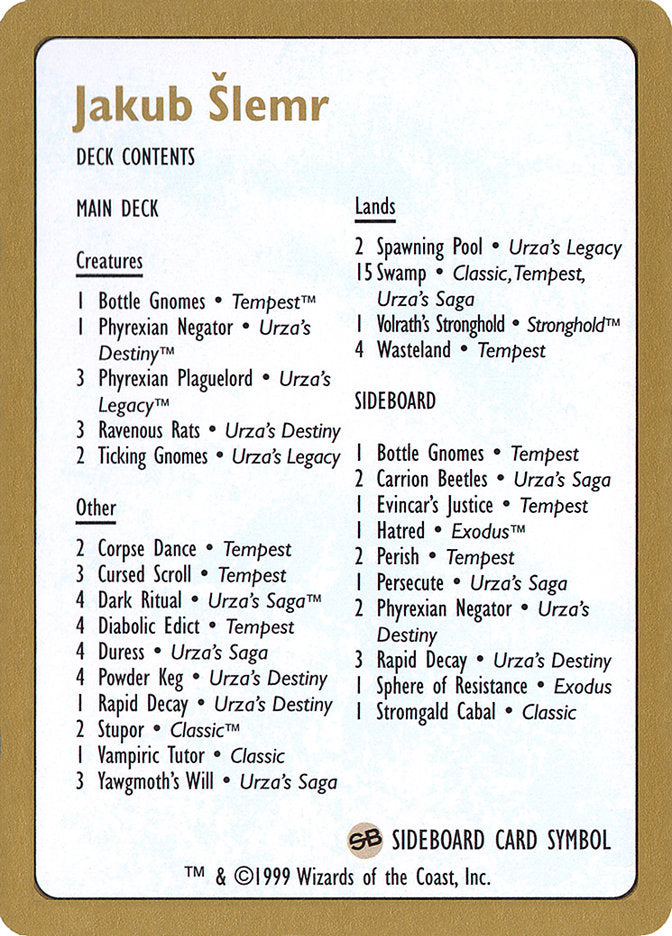 Jakub Slemr Decklist [World Championship Decks 1999] | Anubis Games and Hobby
