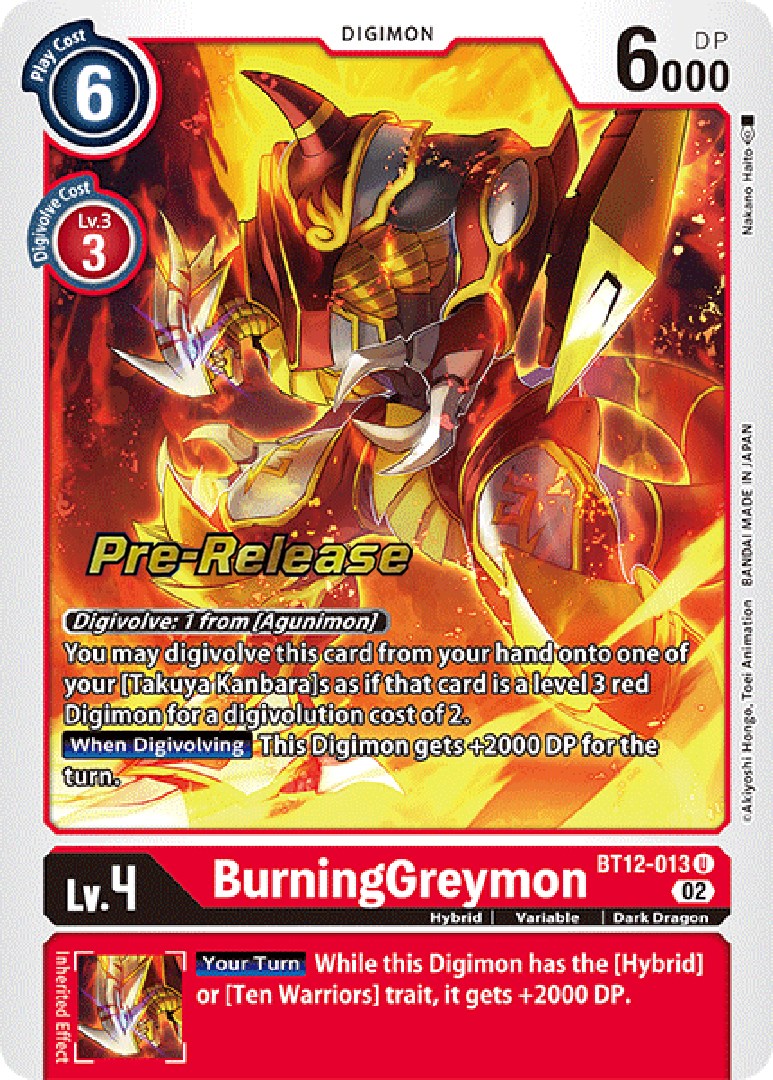 BurningGreymon [BT12-013] [Across Time Pre-Release Cards] | Anubis Games and Hobby