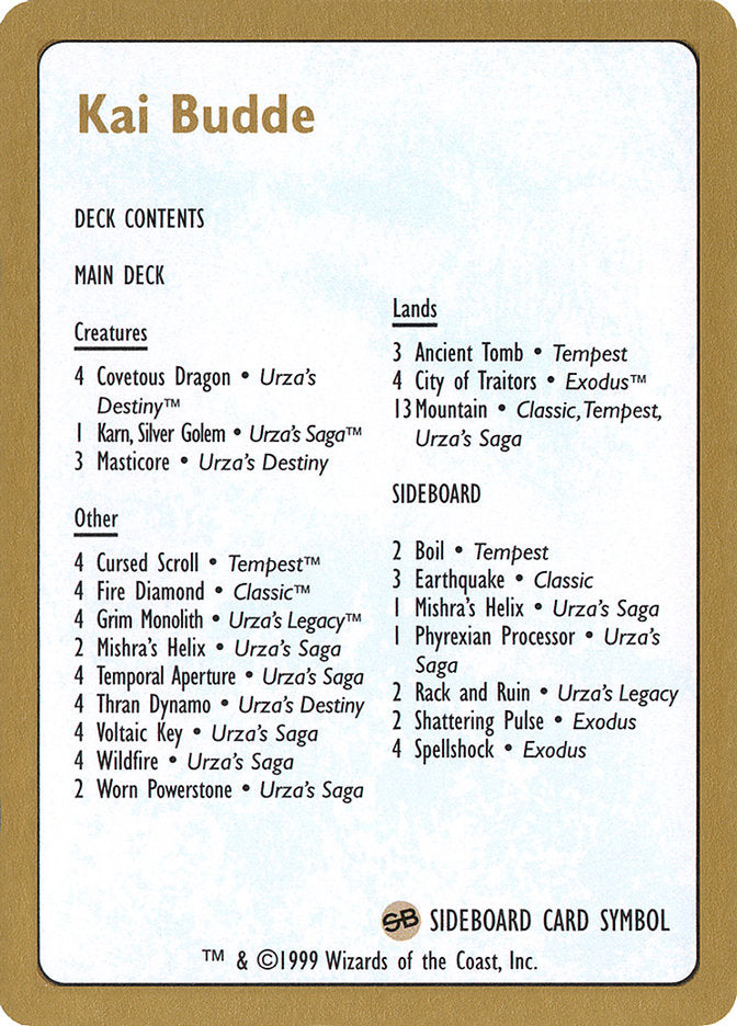 Kai Budde Decklist [World Championship Decks 1999] | Anubis Games and Hobby