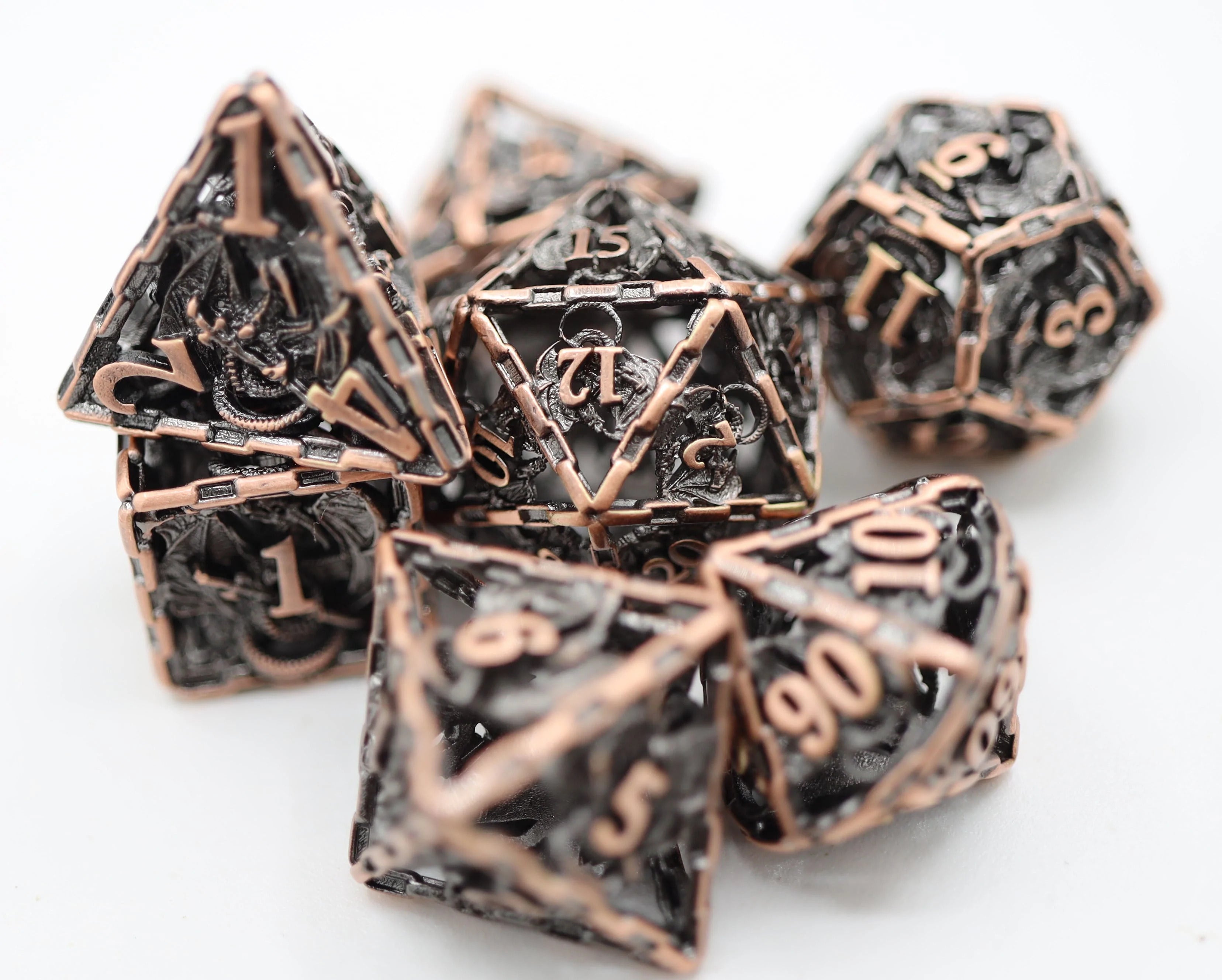 Chained Dragon Hollow Copper RPG Metal Dice | Anubis Games and Hobby