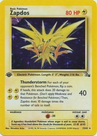 Zapdos (15/62) (Cosmos Holo) [Fossil 1st Edition] | Anubis Games and Hobby