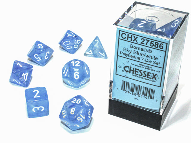 Borealis Sky Blue/White 7 Dice Set | Anubis Games and Hobby